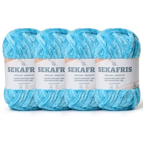 Fuzzy Chunky Chenille-Garn zum Häkeln, weiches Plüschgarn zum Handstricken, sperrig, 4 x 100 g, Babydeckengarn zum Häkeln, Amigurumi-Garne, Häkeln, flauschiges Samtgarn (4 x 50 m), Blau (4 x 50 m von Sekafris
