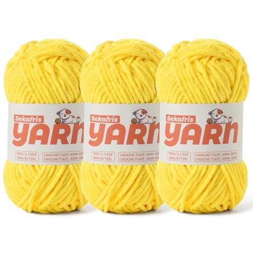 Gelbes grobes Chenille-Garn zum Häkeln, Babygarn zum Häkeln, weiche Decke/Amigurumi, 300 g, super sperrig, flauschiges Samt-Strick-/Häkelgarn, 3 Stück von Sekafris