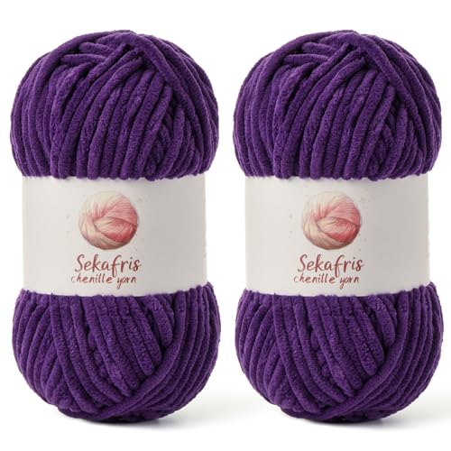Grobes Chenille-Garn zum Häkeln, Babygarn zum Häkeln, weiche Decke, 175 m/200 g, sperrige 5 Amigurumi-Garne, flauschige Samtgarne zum Stricken, 2 Stück (2 Violett) von Sekafris