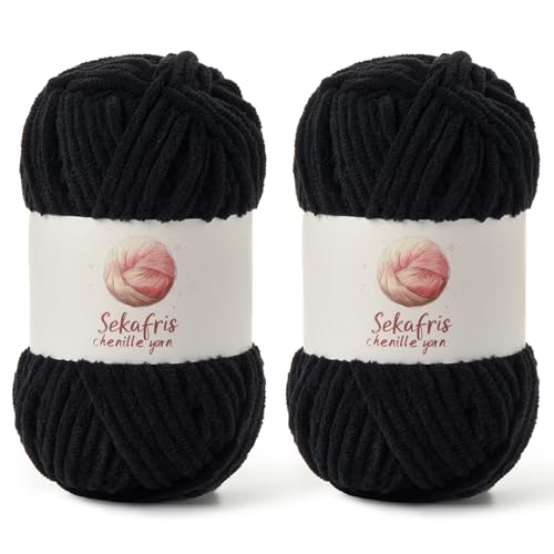 Grobes Chenille-Garn zum Häkeln, Babygarn zum Häkeln, weiche Decke, 175 m/200 g, sperrige 5 Amigurumi-Garne, flauschige Samtgarne zum Stricken, 2 Stück (2 schwarz) von Sekafris