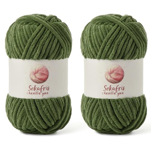 Grobes Chenille-Garn zum Häkeln, Babygarn zum Häkeln, weiche Decke, 175 m/200 g, sperrige 5 Amigurumi-Garne, flauschige Samtgarne zum Stricken und Basteln (2 Armeegrün) von Sekafris