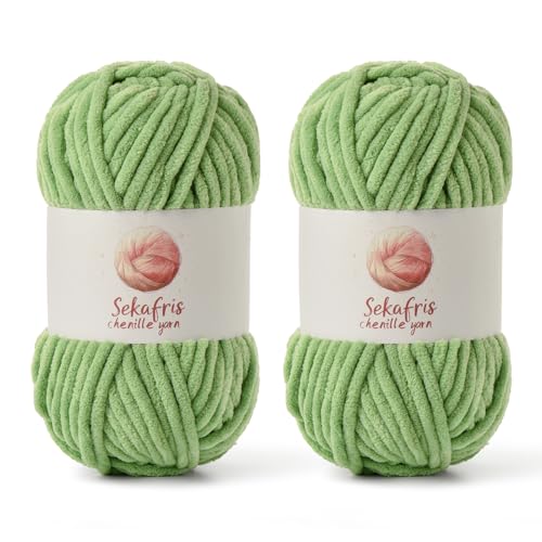 Grobes Chenille-Garn zum Häkeln, Babygarn zum Häkeln, weiche Decke, 175 m/200 g, sperrige 5 Amigurumi-Garne, flauschige Samtgarne zum Stricken und Basteln (2 Avocado-Grün) von Sekafris