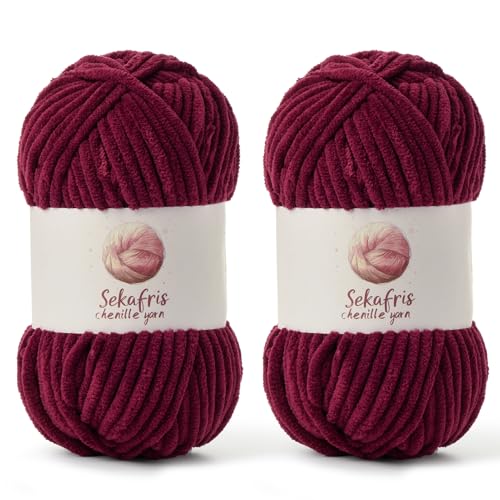 Grobes Chenille-Garn zum Häkeln, Babygarn zum Häkeln, weiche Decke, 175 m/200 g, sperrige 5 Amigurumi-Garne, flauschige Samtgarne zum Stricken und Basteln (2 Burgunderrot) von Sekafris