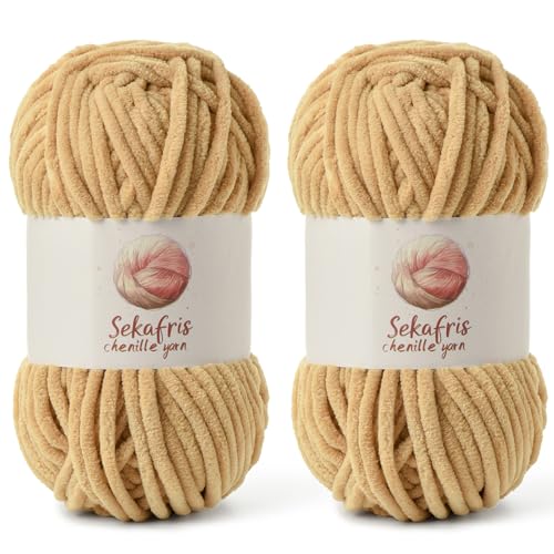 Grobes Chenille-Garn zum Häkeln, Babygarn zum Häkeln, weiche Decke, 175 m/200 g, sperrige 5 Amigurumi-Garne, flauschige Samtgarne zum Stricken und Basteln (2 Khaki) von Sekafris