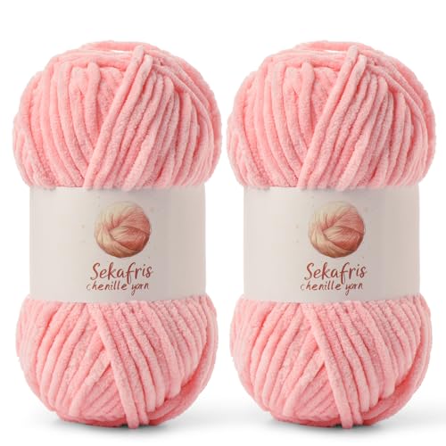 Grobes Chenille-Garn zum Häkeln, Babygarn zum Häkeln, weiche Decke, 175 m/200 g, sperrige 5 Amigurumi-Garne, flauschige Samtgarne zum Stricken und Basteln (2 Rosa) von Sekafris