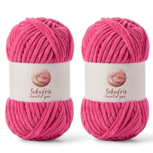 Grobes Chenille-Garn zum Häkeln, Babygarn zum Häkeln, weiche Decke, 175 m/200 g, sperrige 5 Amigurumi-Garne, flauschige Samtgarne zum Stricken und Basteln (2 Rose) von Sekafris