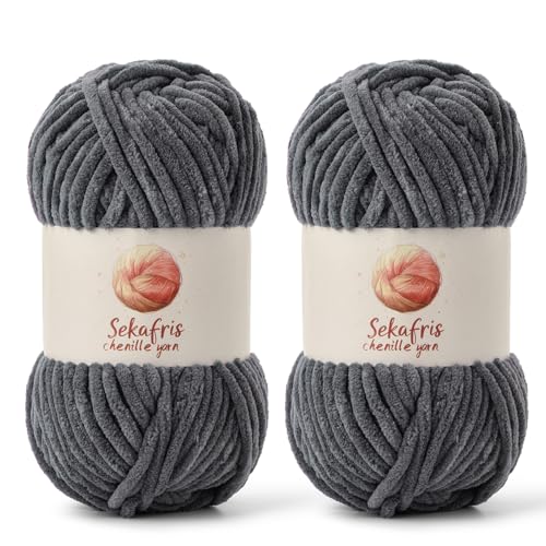 Grobes Chenille-Garn zum Häkeln, Babygarn zum Häkeln, weiche Decke, 175 m/200 g, sperrige 5 Amigurumi-Garne, flauschige Samtgarne zum Stricken und Basteln (2 dunkelgrau) von Sekafris