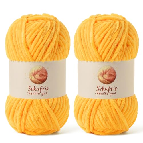 Grobes Chenille-Garn zum Häkeln, Babygarn zum Häkeln, weiche Decke, 175 m/200 g, sperrige 5 Amigurumi-Garne, flauschige Samtgarne zum Stricken und Basteln (2 goldgelb) von Sekafris