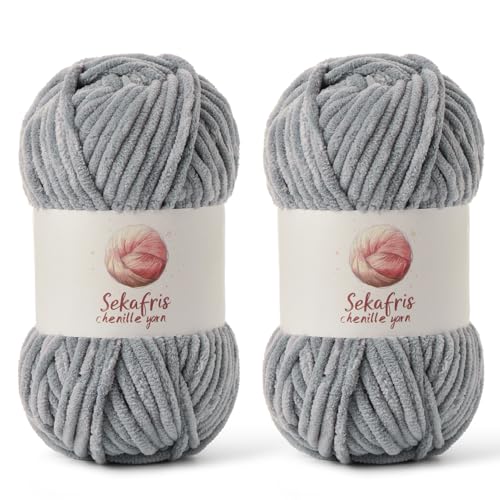 Grobes Chenille-Garn zum Häkeln, Babygarn zum Häkeln, weiche Decke, 175 m/200 g, sperrige 5 Amigurumi-Garne, flauschige Samtgarne zum Stricken und Basteln (2 gräulich) von Sekafris
