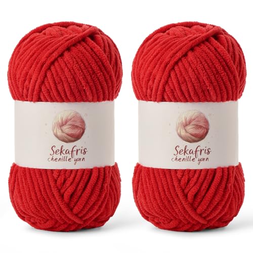 Grobes Chenille-Garn zum Häkeln, Babygarn zum Häkeln, weiche Decke, 175 m/200 g, sperrige 5 Amigurumi-Garne, flauschige Samtgarne zum Stricken und Basteln (2 rot) von Sekafris