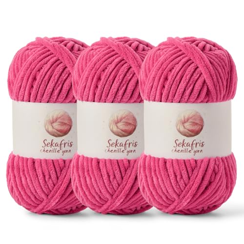 Grobes Chenille-Garn zum Häkeln, Babygarn zum Häkeln, weiche Decke, 260 m/297 g, sperrige 5 Amigurumi-Garne, flauschige Samtgarne zum Stricken, Basteln, 3 Stück (3 Rose) von Sekafris