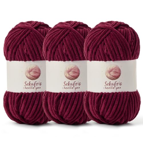 Grobes Chenille-Garn zum Häkeln, Babygarn zum Häkeln, weiche Decke, 260 m/297 g, sperrige 5 Amigurumi-Garne, flauschige Samtgarne zum Stricken und Basteln (3 Stück, Burgunderrot) von Sekafris