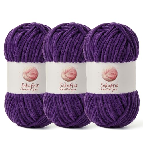 Grobes Chenille-Garn zum Häkeln, Babygarn zum Häkeln, weiche Decke, 260 m/297 g, sperrige 5 Amigurumi-Garne, flauschige Samtgarne zum Stricken und Basteln (3 Violett) von Sekafris