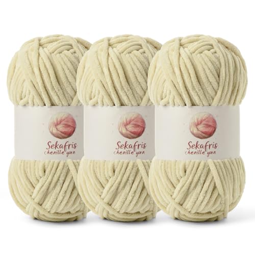 Grobes Chenille-Garn zum Häkeln, Babygarn zum Häkeln, weiche Decke, 260 m/297 g, sperrige 5 Amigurumi-Garne, flauschige Samtgarne zum Stricken und Basteln (3 beige) von Sekafris