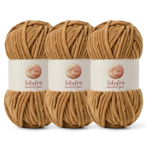Grobes Chenille-Garn zum Häkeln, Babygarn zum Häkeln, weiche Decke, 260 m/297 g, sperrige 5 Amigurumi-Garne, flauschige Samtgarne zum Stricken und Basteln (3 braun) von Sekafris