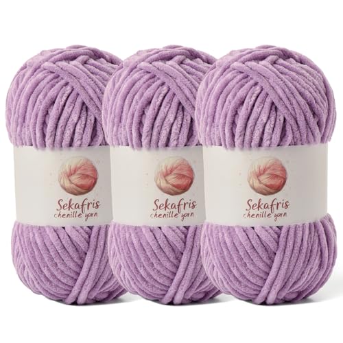 Grobes Chenille-Garn zum Häkeln, Babygarn zum Häkeln, weiche Decke, 260 m/297 g, sperrige 5 Amigurumi-Garne, flauschige Samtgarne zum Stricken und Basteln (3 hellviolett) von Sekafris