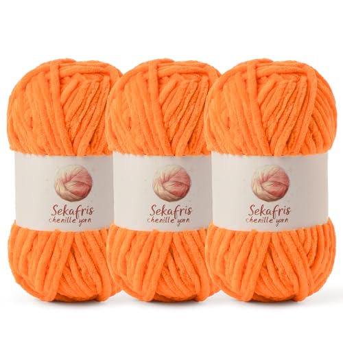 Grobes Chenille-Garn zum Häkeln, Babygarn zum Häkeln, weiche Decke, 260 m/297 g, sperrige 5 Amigurumi-Garne, flauschige Samtgarne zum Stricken und Basteln (3 orange) von Sekafris