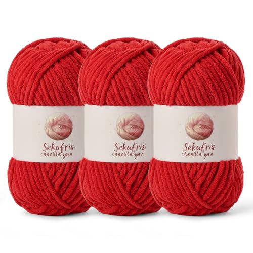 Grobes Chenille-Garn zum Häkeln, Babygarn zum Häkeln, weiche Decke, 260 m/297 g, sperrige 5 Amigurumi-Garne, flauschige Samtgarne zum Stricken und Basteln (3 rot) von Sekafris