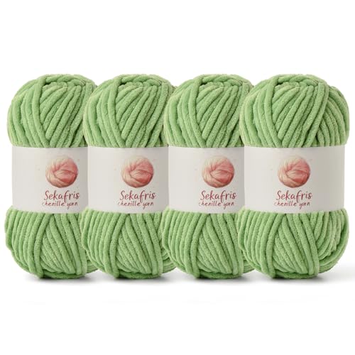 Grobes Chenille-Garn zum Häkeln, Babygarn zum Häkeln, weiche Decke, 350 m/400 g, sperrige 5 Amigurumi-Garne, flauschige Samtgarne zum Stricken und Basteln (4 Avocado-Grün) von Sekafris