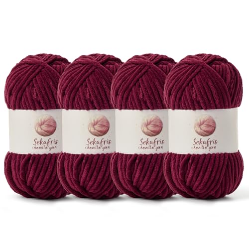 Grobes Chenille-Garn zum Häkeln, Babygarn zum Häkeln, weiche Decke, 350 m/400 g, sperrige 5 Amigurumi-Garne, flauschige Samtgarne zum Stricken und Basteln (4 Burgunderrot) von Sekafris