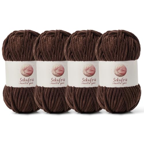 Grobes Chenille-Garn zum Häkeln, Babygarn zum Häkeln, weiche Decke, 350 m/400 g, sperrige 5 Amigurumi-Garne, flauschige Samtgarne zum Stricken und Basteln (4 Kaffee) von Sekafris