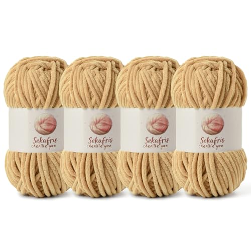 Grobes Chenille-Garn zum Häkeln, Babygarn zum Häkeln, weiche Decke, 350 m/400 g, sperrige 5 Amigurumi-Garne, flauschige Samtgarne zum Stricken und Basteln (4 Khaki) von Sekafris