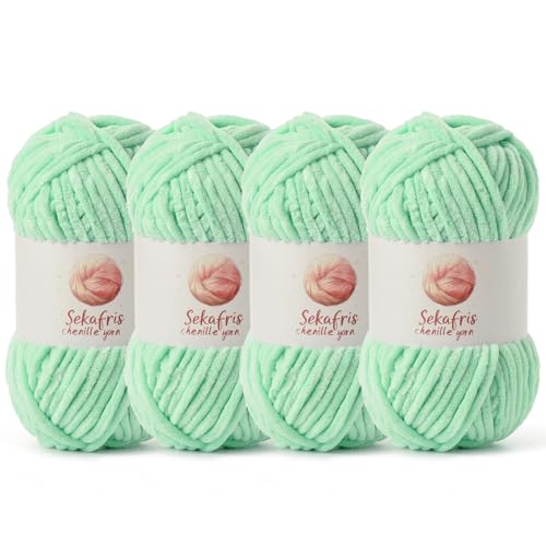 Grobes Chenille-Garn zum Häkeln, Babygarn zum Häkeln, weiche Decke, 350 m/400 g, sperrige 5 Amigurumi-Garne, flauschige Samtgarne zum Stricken und Basteln (4 Minzgrün) von Sekafris