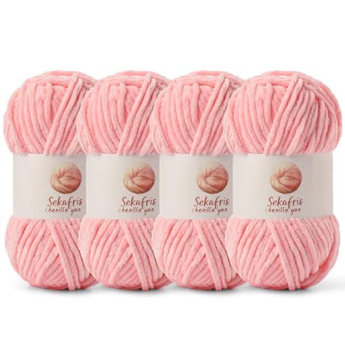 Grobes Chenille-Garn zum Häkeln, Babygarn zum Häkeln, weiche Decke, 350 m/400 g, sperrige 5 Amigurumi-Garne, flauschige Samtgarne zum Stricken und Basteln (4 Rosa) von Sekafris