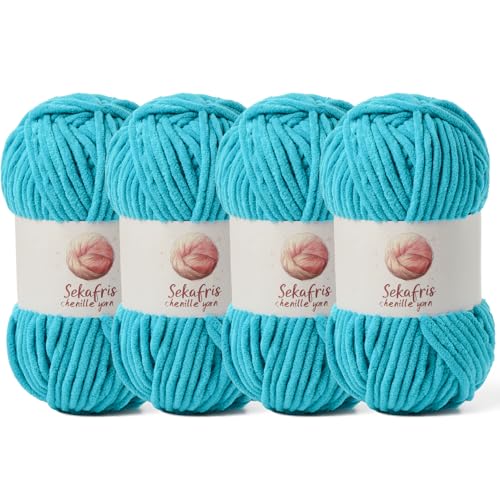 Grobes Chenille-Garn zum Häkeln, Babygarn zum Häkeln, weiche Decke, 350 m/400 g, sperrige 5 Amigurumi-Garne, flauschige Samtgarne zum Stricken und Basteln (4 Seeblau) von Sekafris