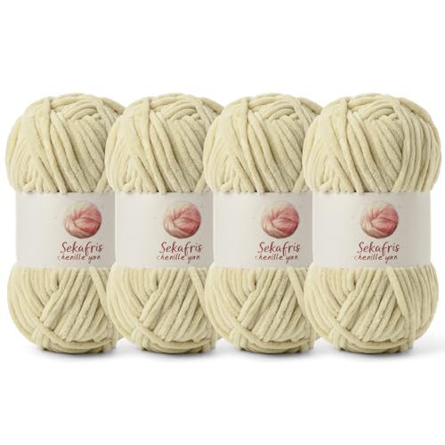 Grobes Chenille-Garn zum Häkeln, Babygarn zum Häkeln, weiche Decke, 350 m/400 g, sperrige 5 Amigurumi-Garne, flauschige Samtgarne zum Stricken und Basteln (4 beige) von Sekafris