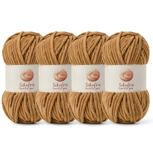 Grobes Chenille-Garn zum Häkeln, Babygarn zum Häkeln, weiche Decke, 350 m/400 g, sperrige 5 Amigurumi-Garne, flauschige Samtgarne zum Stricken und Basteln (4 braun) von Sekafris