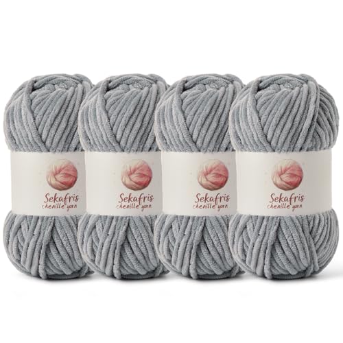 Grobes Chenille-Garn zum Häkeln, Babygarn zum Häkeln, weiche Decke, 350 m/400 g, sperrige 5 Amigurumi-Garne, flauschige Samtgarne zum Stricken und Basteln (4 grau) von Sekafris