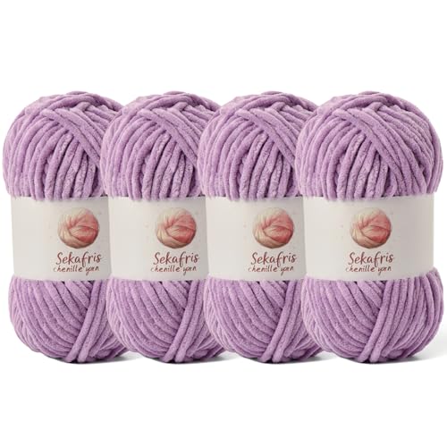 Grobes Chenille-Garn zum Häkeln, Babygarn zum Häkeln, weiche Decke, 350 m/400 g, sperrige 5 Amigurumi-Garne, flauschige Samtgarne zum Stricken und Basteln (4 hellviolett) von Sekafris