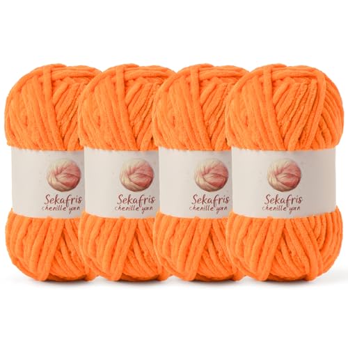 Grobes Chenille-Garn zum Häkeln, Babygarn zum Häkeln, weiche Decke, 350 m/400 g, sperrige 5 Amigurumi-Garne, flauschige Samtgarne zum Stricken und Basteln (4 orange) von Sekafris