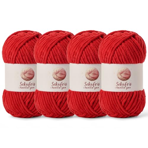 Grobes Chenille-Garn zum Häkeln, Babygarn zum Häkeln, weiche Decke, 350 m/400 g, sperrige 5 Amigurumi-Garne, flauschige Samtgarne zum Stricken und Basteln (4 rot) von Sekafris