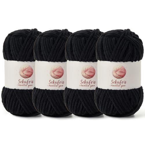 Grobes Chenille-Garn zum Häkeln, Babygarn zum Häkeln, weiche Decke, 350 m/400 g, sperrige 5 Amigurumi-Garne, flauschige Samtgarne zum Stricken und Basteln (4 schwarz) von Sekafris