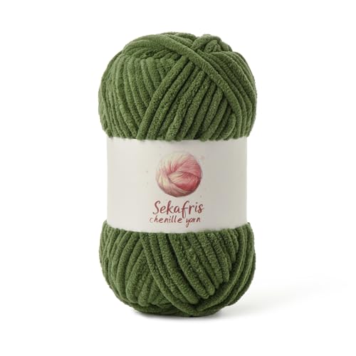 Grobes Chenille-Garn zum Häkeln, Babygarn zum Häkeln, weiche Decke, 87 Yds / 99.2 g Häkelgarn, sperrige 5 Amigurumi-Garne, flauschige Samtgarne zum Stricken und Basteln (Armeegrün) von Sekafris