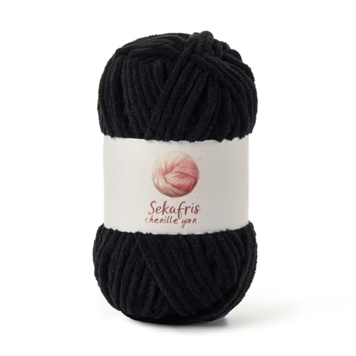 Grobes Chenille-Garn zum Häkeln, Babygarn zum Häkeln, weiche Decke, 87 Yds / 99.2 g Häkelgarn, sperrige 5 Amigurumi-Garne, flauschige Samtgarne zum Stricken und Basteln (Schwarz) von Sekafris