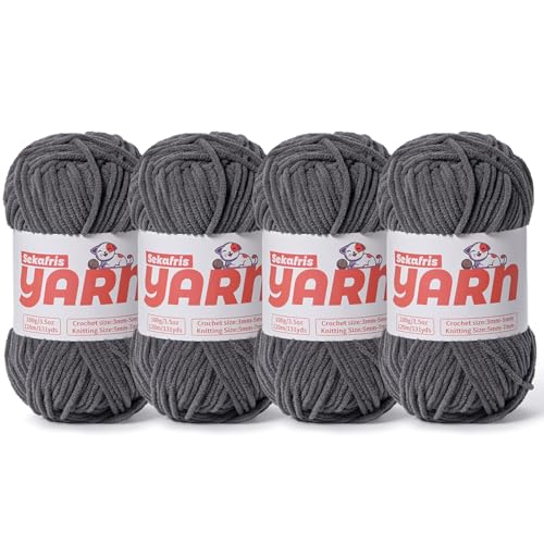 Grobes Chenille-Garn zum Häkeln, weiches, flauschiges Samtgarn zum Häkeln, Amigurumi, flauschiges Stricken von Babydecken, 400 g, 4 Stück, Dunkelgrau Grobes Chenille-Garn zum Häkeln, weiches, flauschiges Samtgarn zum Häkeln, Amigurumi, flauschiges Stricken von Babydecken, 400 g, 4 Stück, Dunkelgrau von Sekafris