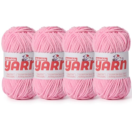 Grobes Chenille-Garn zum Häkeln, weiches, flauschiges Samtgarn zum Häkeln, Amigurumi, flauschiges Stricken von Babydecken, 400 g, 4 Stück, Dunkelrosa von Sekafris