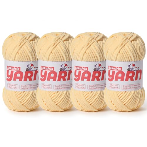 Grobes Chenille-Garn zum Häkeln, weiches, flauschiges Samtgarn zum Häkeln, Amigurumi, flauschiges Stricken von Babydecken, 400 g, 4 Stück, Hellgelb Grobes Chenille-Garn zum Häkeln, weiches, flauschiges Samtgarn zum Häkeln, Amigurumi, flauschiges Stricken von Babydecken, 400 g, 4 Stück, Hellgelb von Sekafris