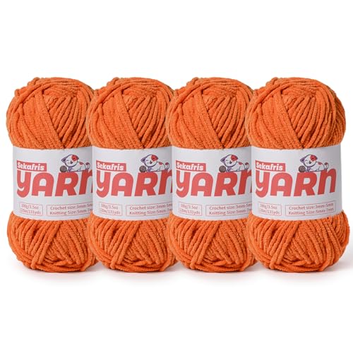 Grobes Chenille-Garn zum Häkeln, weiches, flauschiges Samtgarn zum Häkeln, Amigurumi, flauschiges Stricken von Babydecken, 400 g, 4 Stück, Orange Grobes Chenille-Garn zum Häkeln, weiches, flauschiges Samtgarn zum Häkeln, Amigurumi, flauschiges Stricken von Babydecken, 400 g, 4 Stück, Orange von Sekafris
