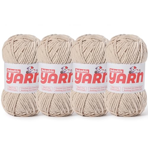 Grobes Chenille-Garn zum Häkeln, weiches, flauschiges Samtgarn zum Häkeln, Amigurumi, flauschiges Stricken von Babydecken, 400 g, 4 Stück, helles Khaki Grobes Chenille-Garn zum Häkeln, weiches, flauschiges Samtgarn zum Häkeln, Amigurumi, flauschiges Stricken von Babydecken, 400 g, 4 Stück, helles Khaki von Sekafris