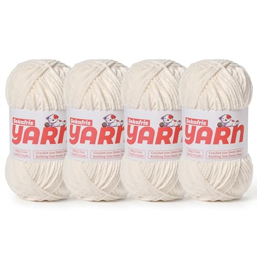 Grobes Chenille-Garn zum Häkeln, weiches, flauschiges Samtgarn zum Häkeln, Amigurumi, flauschiges Stricken von Babydecken, 400 g, 4 Stück (4 weiß) von Sekafris