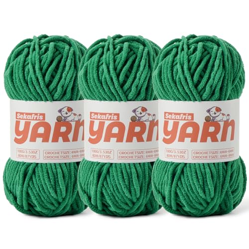 Grünes Chenille-Garn zum Häkeln, Babygarn zum Häkeln, weiche Decke/Amigurumi, 300 g, super sperriges, flauschiges Samt-Strick-/Häkelgarn, 3 Stück von Sekafris
