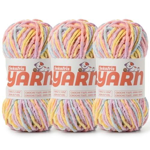 Makronen-Chenille-Garn zum Häkeln, Babygarn zum Häkeln, weiche Decke/Amigurumi, 300 g, super sperrig, flauschig, samtig, Strickgarn, Häkelgarn, 3 Stück von Sekafris