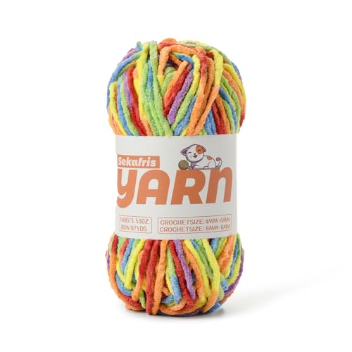 Regenbogen-Chenille-Garn zum Häkeln, Babygarn zum Häkeln, weiche Decke/Amigurumi, 100 g, super sperrig, flauschig, samtig, Strickgarn, Häkelgarn von Sekafris