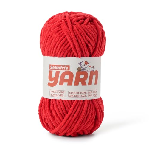Rotes, grobes Chenille-Garn zum Häkeln, Babygarn zum Häkeln, weiche Decke/Amigurumi, 100 g, super sperrig, flauschig, samtig, Strickgarn, Häkelgarn Rotes, grobes Chenille-Garn zum Häkeln, Babygarn zum Häkeln, weiche Decke/Amigurumi, 100 g, super sperrig, flauschig, samtig, Strickgarn, Häkelgarn von Sekafris