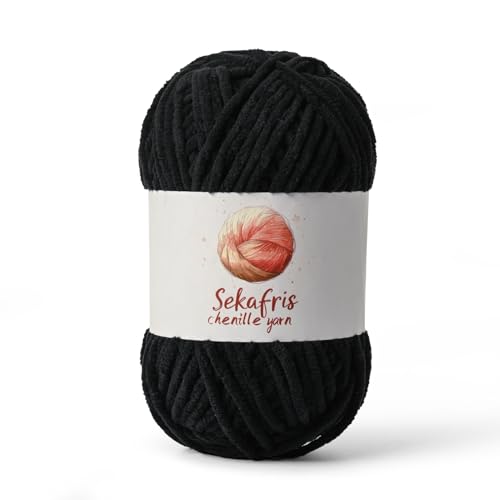 Schwarzes grobes Chenille-Garn zum Häkeln, sperrige Samtgarne zum Häkeln, Babygarn zum Häkeln, weiche Decke, 130 m/100 g, flauschiges Amigurumi-Häkelgarn von Sekafris