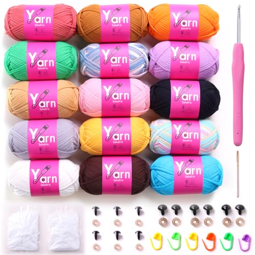 Sekafris Häkelgarn für Anfänger – Schwarz, Weiß, Orange, Rot, Grün, Rosa, Gelb, Baumwolle, grobes Garn – mit leicht zu sehenden Nähten, Anfängergarn zum Häkeln (15 x 50 g) von Sekafris